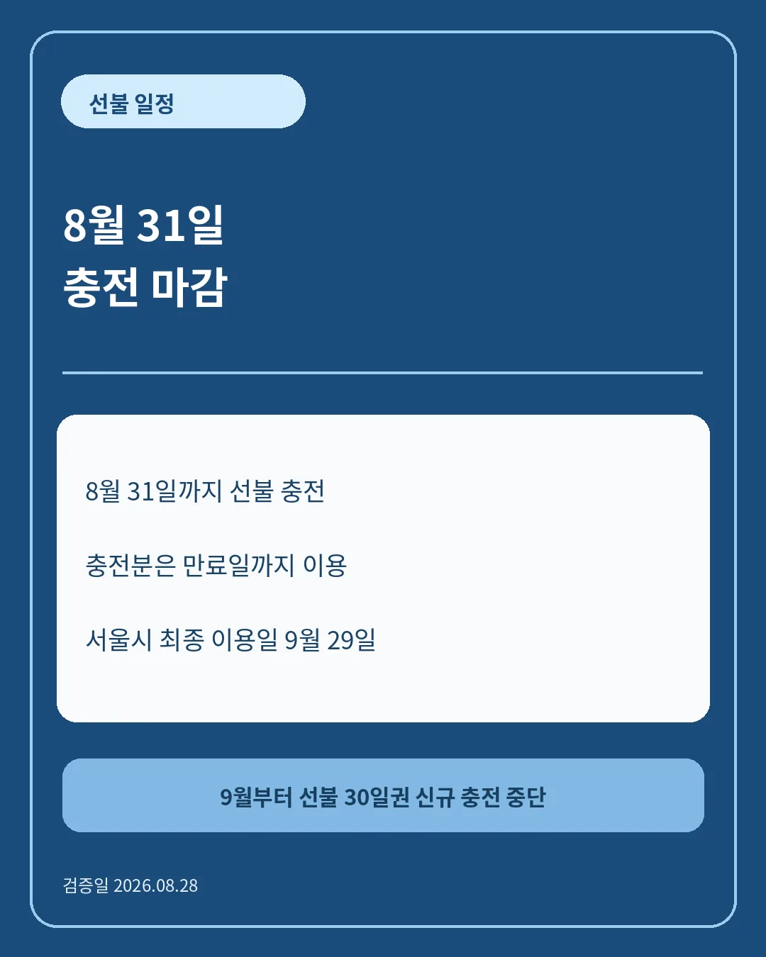 8월 31일은 선불 30일권 마지막 충전일 핵심 정보 카드